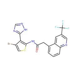 O=C(Cc1cccc2ncc(C(F)(F)F)cc12)Nc1scc(Br)c1-c1ncn[nH]1 ZINC000072179060