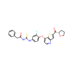 O=C(Cc1ccccc1)NC(=S)Nc1ccc(Oc2ccnc3cc(C(=O)[C@@H]4CCCO4)sc23)c(F)c1 ZINC000072179517