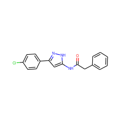 O=C(Cc1ccccc1)Nc1cc(-c2ccc(Cl)cc2)n[nH]1 ZINC000013493265