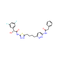 O=C(Cc1ccccc1)Nc1ccc(CCCCc2nnc(NC(=O)[C@H](O)c3cc(F)cc(F)c3)s2)nn1 ZINC000169698242