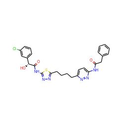 O=C(Cc1ccccc1)Nc1ccc(CCCCc2nnc(NC(=O)[C@H](O)c3cccc(Cl)c3)s2)nn1 ZINC000169698206