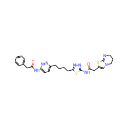 O=C(Cc1ccccc1)Nc1ccc(CCCCc2nnc(NC(=O)CC3=CN4CCCN=C4S3)s2)nn1 ZINC000169698429