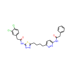 O=C(Cc1ccccc1)Nc1ccc(CCCCc2nnc(NC(=O)Cc3ccc(Cl)c(Cl)c3)s2)nn1 ZINC000169698464