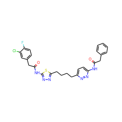 O=C(Cc1ccccc1)Nc1ccc(CCCCc2nnc(NC(=O)Cc3ccc(F)c(Cl)c3)s2)nn1 ZINC000169698465