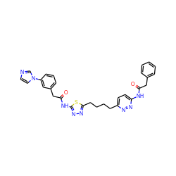 O=C(Cc1ccccc1)Nc1ccc(CCCCc2nnc(NC(=O)Cc3cccc(-n4ccnc4)c3)s2)nn1 ZINC000169698276