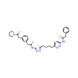 O=C(Cc1ccccc1)Nc1ccc(CCCCc2nnc(NC(=O)Cc3cccc(CC(=O)N4CCCC4)c3)s2)nn1 ZINC000169698387