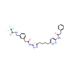 O=C(Cc1ccccc1)Nc1ccc(CCCCc2nnc(NC(=O)Cc3cccc(CNC(=O)C(F)(F)F)c3)s2)nn1 ZINC000169698368