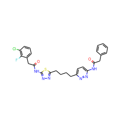 O=C(Cc1ccccc1)Nc1ccc(CCCCc2nnc(NC(=O)Cc3cccc(Cl)c3F)s2)nn1 ZINC000169698461