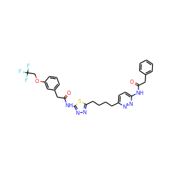 O=C(Cc1ccccc1)Nc1ccc(CCCCc2nnc(NC(=O)Cc3cccc(OCC(F)(F)F)c3)s2)nn1 ZINC000169698692