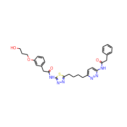 O=C(Cc1ccccc1)Nc1ccc(CCCCc2nnc(NC(=O)Cc3cccc(OCCCO)c3)s2)nn1 ZINC000261075353