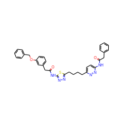 O=C(Cc1ccccc1)Nc1ccc(CCCCc2nnc(NC(=O)Cc3cccc(OCc4ccccc4)c3)s2)nn1 ZINC000169698232