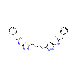 O=C(Cc1ccccc1)Nc1ccc(CCCCc2nnc(NC(=O)Cc3ccccn3)s2)nn1 ZINC000169698245