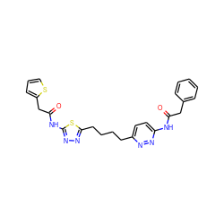 O=C(Cc1ccccc1)Nc1ccc(CCCCc2nnc(NC(=O)Cc3cccs3)s2)nn1 ZINC000169698417