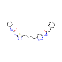 O=C(Cc1ccccc1)Nc1ccc(CCCCc2nnc(NC(=O)NC3CCCC3)s2)nn1 ZINC000169698300