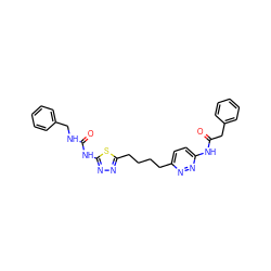 O=C(Cc1ccccc1)Nc1ccc(CCCCc2nnc(NC(=O)NCc3ccccc3)s2)nn1 ZINC000169698243