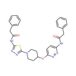 O=C(Cc1ccccc1)Nc1ccc(OC2CCN(c3nnc(NC(=O)Cc4ccccc4)s3)CC2)nn1 ZINC000653707667