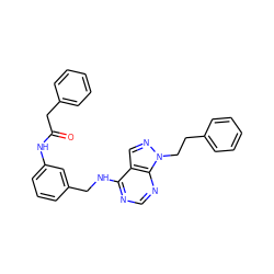 O=C(Cc1ccccc1)Nc1cccc(CNc2ncnc3c2cnn3CCc2ccccc2)c1 ZINC000103253436