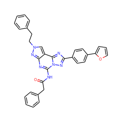 O=C(Cc1ccccc1)Nc1nc2nn(CCc3ccccc3)cc2c2nc(-c3ccc(-c4ccco4)cc3)nn12 ZINC000072125709