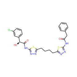 O=C(Cc1ccccc1)Nc1nnc(CCCCc2nnc(NC(=O)[C@@H](O)c3cccc(Cl)c3)s2)s1 ZINC000169698238