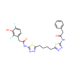 O=C(Cc1ccccc1)Nc1nnc(CCCCc2nnc(NC(=O)Cc3ccc(F)c(O)c3F)s2)s1 ZINC000169698237