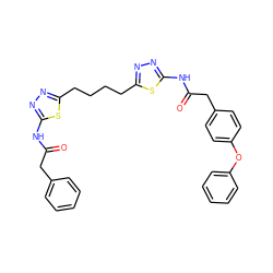 O=C(Cc1ccccc1)Nc1nnc(CCCCc2nnc(NC(=O)Cc3ccc(Oc4ccccc4)cc3)s2)s1 ZINC000653880647