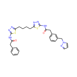 O=C(Cc1ccccc1)Nc1nnc(CCCCc2nnc(NC(=O)Cc3cccc(Cn4cccn4)c3)s2)s1 ZINC000169698289