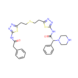 O=C(Cc1ccccc1)Nc1nnc(CCSCCc2nnc(NC(=O)[C@@H](c3ccccc3)N3CCNCC3)s2)s1 ZINC000169697784