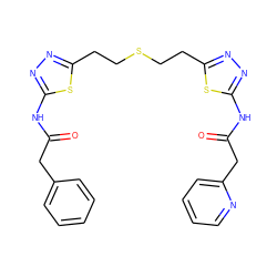 O=C(Cc1ccccc1)Nc1nnc(CCSCCc2nnc(NC(=O)Cc3ccccn3)s2)s1 ZINC000169698252