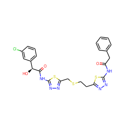 O=C(Cc1ccccc1)Nc1nnc(CCSCc2nnc(NC(=O)[C@@H](O)c3cccc(Cl)c3)s2)s1 ZINC000169698272