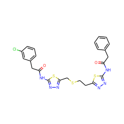 O=C(Cc1ccccc1)Nc1nnc(CCSCc2nnc(NC(=O)Cc3cccc(Cl)c3)s2)s1 ZINC000169698268