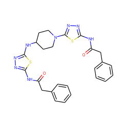 O=C(Cc1ccccc1)Nc1nnc(NC2CCN(c3nnc(NC(=O)Cc4ccccc4)s3)CC2)s1 ZINC000653714978