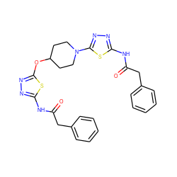 O=C(Cc1ccccc1)Nc1nnc(OC2CCN(c3nnc(NC(=O)Cc4ccccc4)s3)CC2)s1 ZINC000584904669