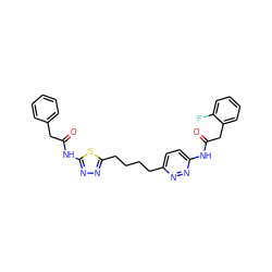 O=C(Cc1ccccc1F)Nc1ccc(CCCCc2nnc(NC(=O)Cc3ccccc3)s2)nn1 ZINC000169698438