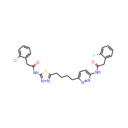 O=C(Cc1ccccc1F)Nc1ccc(CCCCc2nnc(NC(=O)Cc3ccccc3Cl)s2)nn1 ZINC000169698494