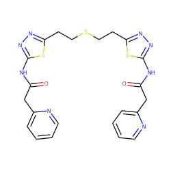 O=C(Cc1ccccn1)Nc1nnc(CCSCCc2nnc(NC(=O)Cc3ccccn3)s2)s1 ZINC000169698191