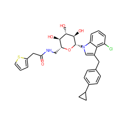 O=C(Cc1cccs1)NC[C@H]1O[C@@H](n2cc(Cc3ccc(C4CC4)cc3)c3c(Cl)cccc32)[C@H](O)[C@@H](O)[C@@H]1O ZINC000219000864