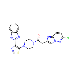 O=C(Cc1cn2nc(Cl)ccc2n1)N1CCN(c2scnc2-c2nc3ccccc3[nH]2)CC1 ZINC000143660612