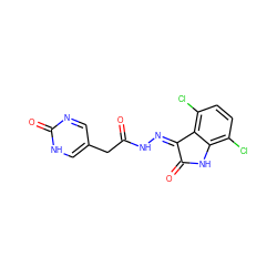 O=C(Cc1cnc(=O)[nH]c1)N/N=C1\C(=O)Nc2c(Cl)ccc(Cl)c21 ZINC000072178514