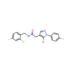 O=C(Cc1cnn(-c2ccc(F)cc2)c1Br)NCc1ccc(F)cc1Cl ZINC000095565058