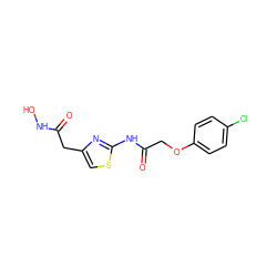 O=C(Cc1csc(NC(=O)COc2ccc(Cl)cc2)n1)NO ZINC000028462069