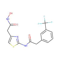 O=C(Cc1csc(NC(=O)Cc2cccc(C(F)(F)F)c2)n1)NO ZINC000028462258