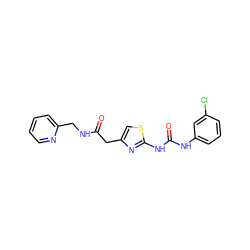 O=C(Cc1csc(NC(=O)Nc2cccc(Cl)c2)n1)NCc1ccccn1 ZINC000009573663