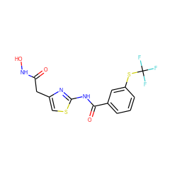 O=C(Cc1csc(NC(=O)c2cccc(SC(F)(F)F)c2)n1)NO ZINC000028467667