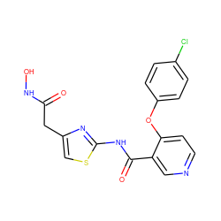 O=C(Cc1csc(NC(=O)c2cnccc2Oc2ccc(Cl)cc2)n1)NO ZINC000028460971