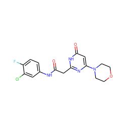 O=C(Cc1nc(N2CCOCC2)cc(=O)[nH]1)Nc1ccc(F)c(Cl)c1 ZINC000095576109