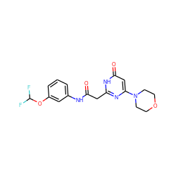 O=C(Cc1nc(N2CCOCC2)cc(=O)[nH]1)Nc1cccc(OC(F)F)c1 ZINC000115073197
