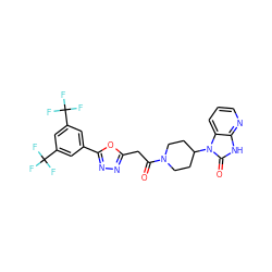 O=C(Cc1nnc(-c2cc(C(F)(F)F)cc(C(F)(F)F)c2)o1)N1CCC(n2c(=O)[nH]c3ncccc32)CC1 ZINC000049766521