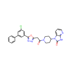 O=C(Cc1nnc(-c2cc(Cl)cc(-c3ccccc3)c2)o1)N1CCC(n2c(=O)[nH]c3ncccc32)CC1 ZINC000045371076