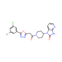 O=C(Cc1nnc(-c2cc(Cl)cc(Br)c2)o1)N1CCC(n2c(=O)[nH]c3ncccc32)CC1 ZINC000045368591