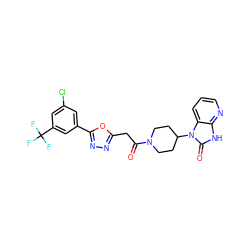 O=C(Cc1nnc(-c2cc(Cl)cc(C(F)(F)F)c2)o1)N1CCC(n2c(=O)[nH]c3ncccc32)CC1 ZINC000045372995